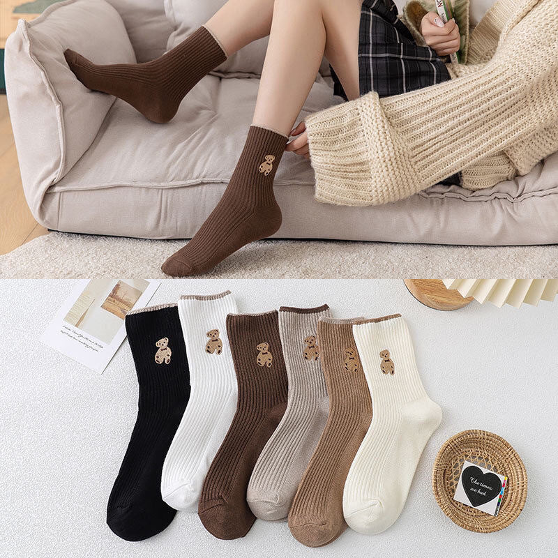 Women's Cute Bear Cotton Socks Comfortable Soft Crew Breathable Sports Sock Cartoon Short Sock Middle Tube Socks 6 pairs