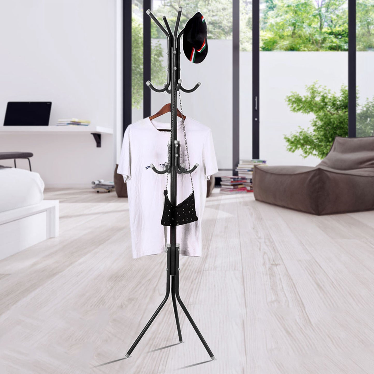 Multi Hook Metal Coat Hat Rack Tree Stand Clothes Bag Hanger Organizer for Home Bedroom (Black)