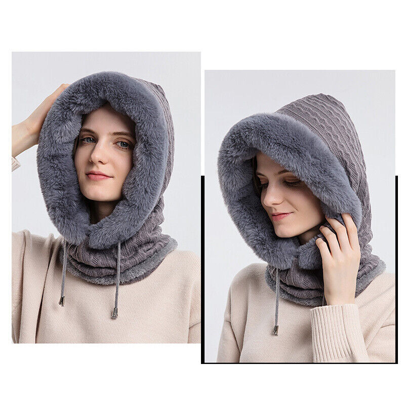 Slouchy Fleece Beanie Hats Scarf Mask Warmer Hooded Winter Pullover Knitted Hat