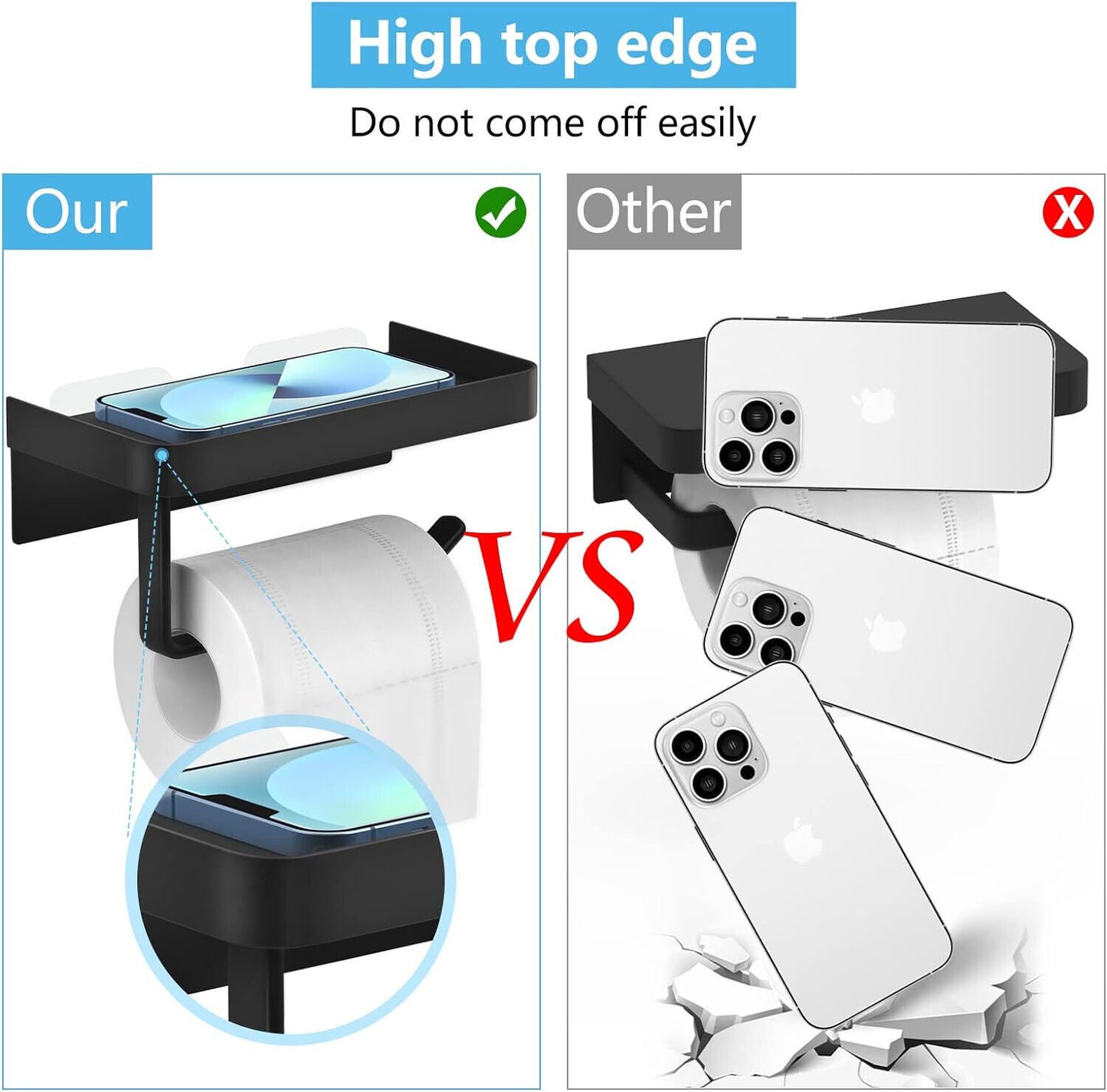 Black 2 In 1 Toilet Roll Holder With Shelf Wall Mounted Or Self Adhesive