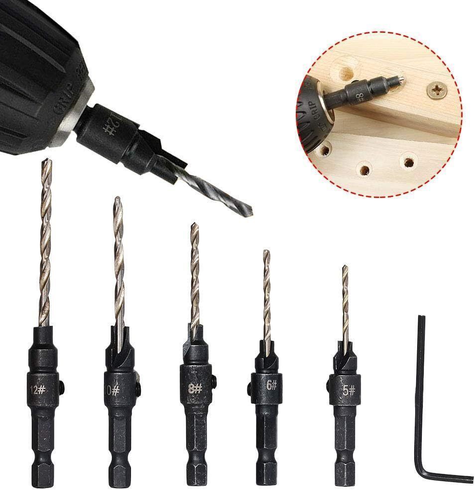 6PCS HSS Countersink Drill Bit Set Hex Shank Woodworking Pilot Screw Holes
