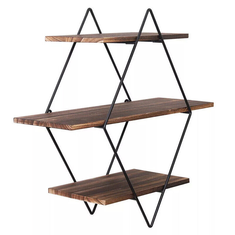 3 Tiered Floating Wall Mounted Display Shelf Wooden Shelves Black Frame Shelving