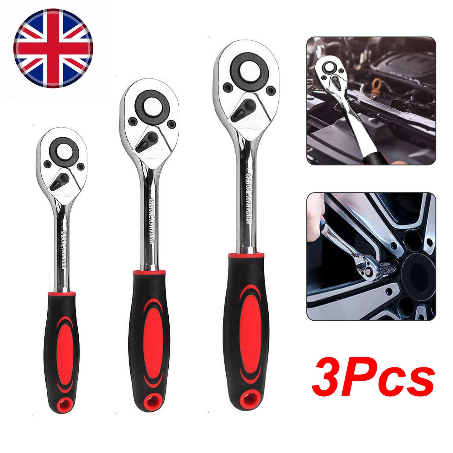 3 Piece 1 2 3 8 & 1 4 Ratchet Set Drive Heavy Duty Ratchet Socket UK