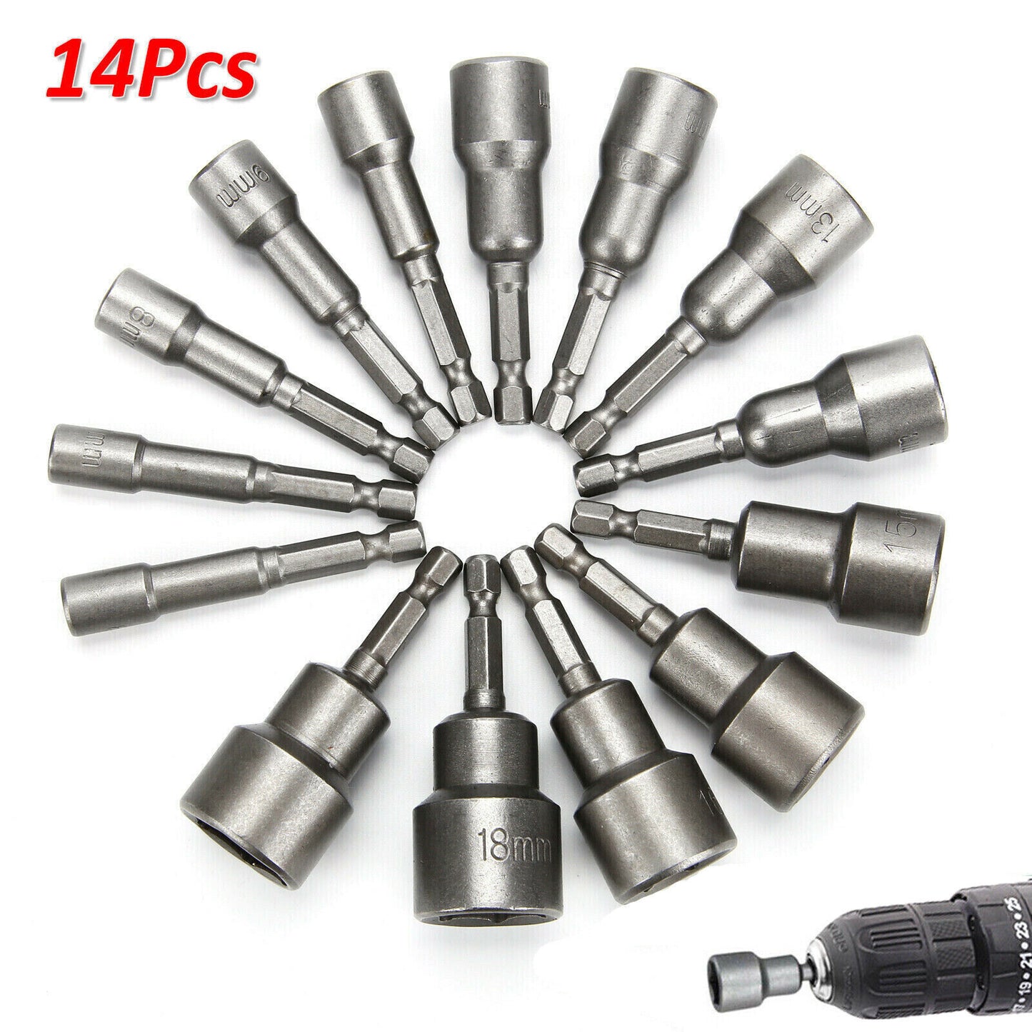 14pcs Nut Driver Bit Set Hex Magnetic Metric Socket Impact Drill 6 To 19MM UK