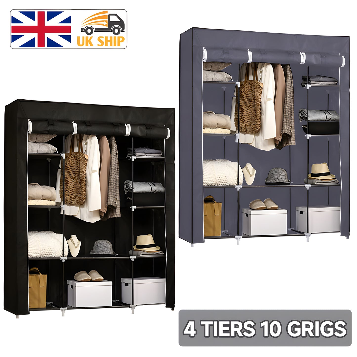 Fabric Canvas Wardrobe Clothes Storage Cupboard Hanging Rail Shelving Practical