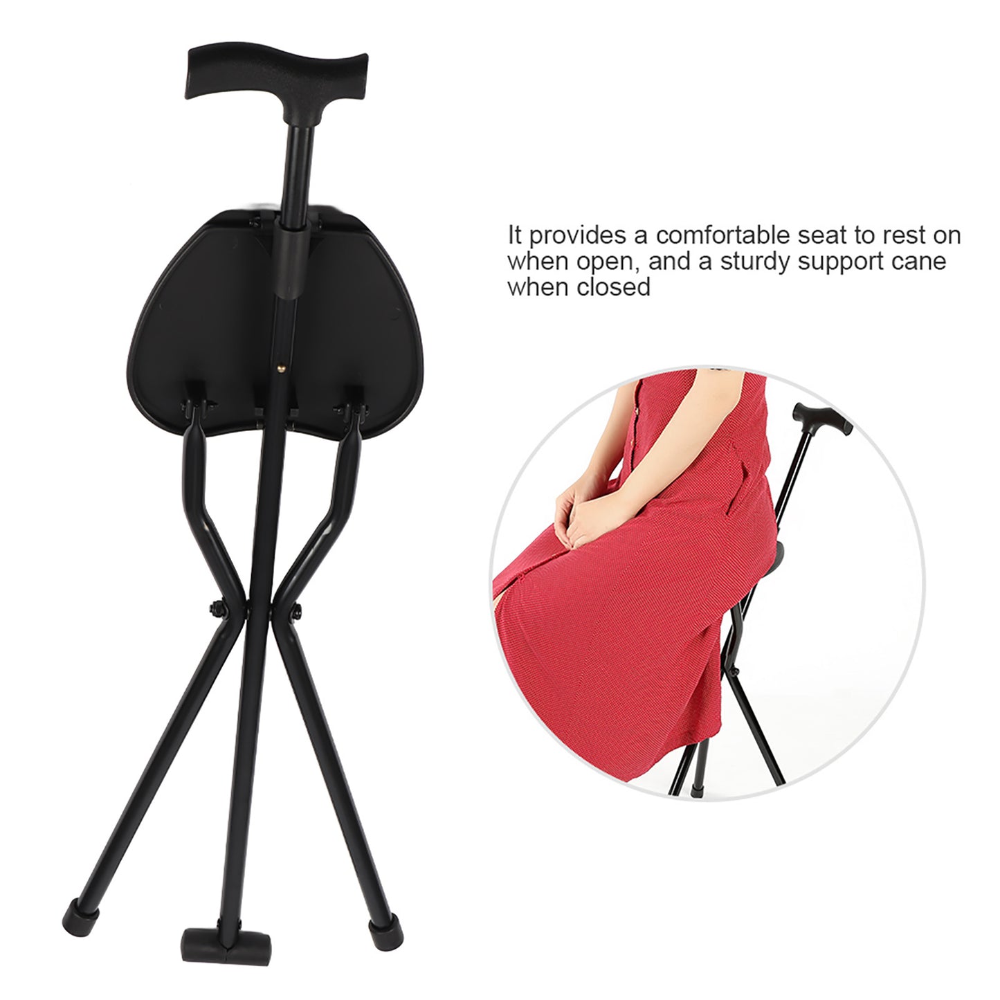 Foldable Crutch With Seat 3 Legs Handle Cane Walking Stick Unisex For Elderly