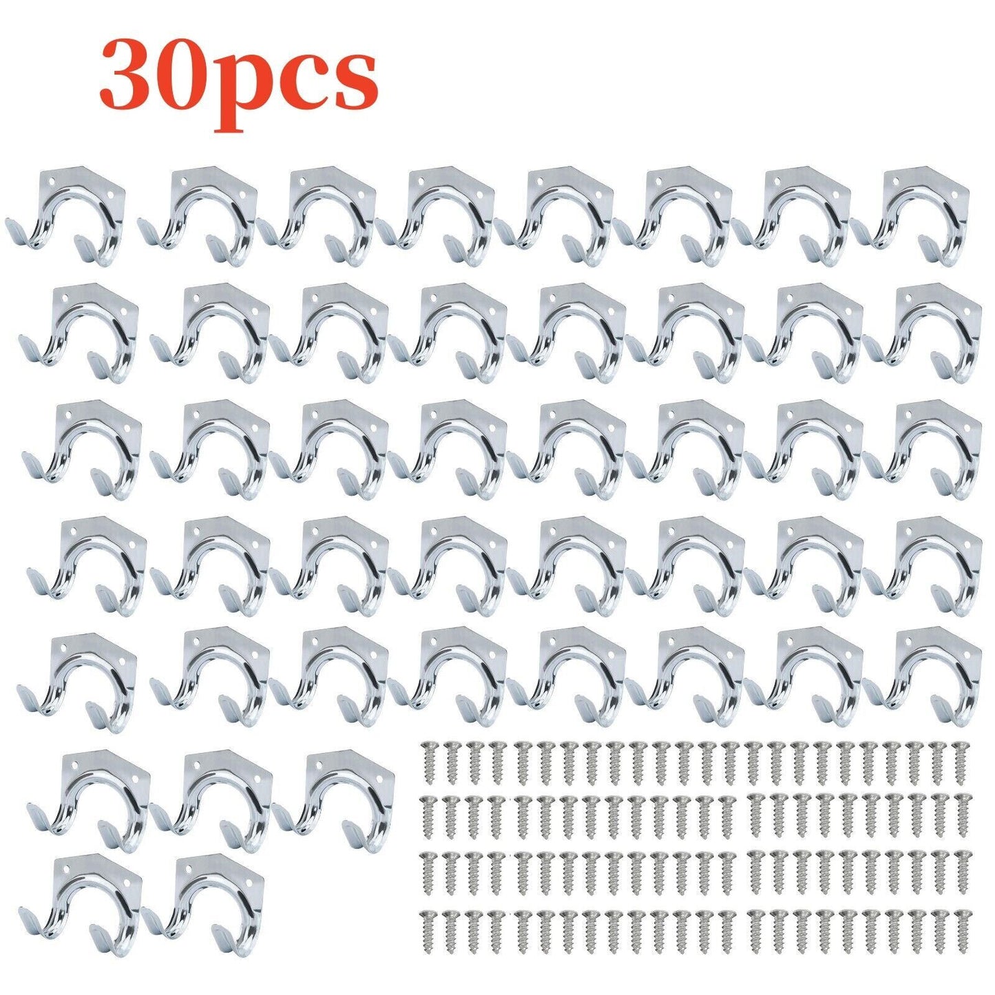30pcs Tool Hooks & Screws Double Hooks Wall Mount Garden Shed Storage Utility