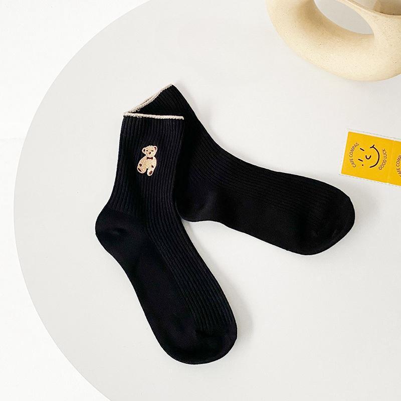 Women's Cute Bear Cotton Socks Comfortable Soft Crew Breathable Sports Sock Cartoon Short Sock Middle Tube Socks 6 pairs