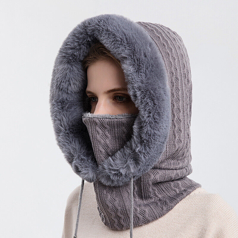 Slouchy Fleece Beanie Hats Scarf Mask Warmer Hooded Winter Pullover Knitted Hat