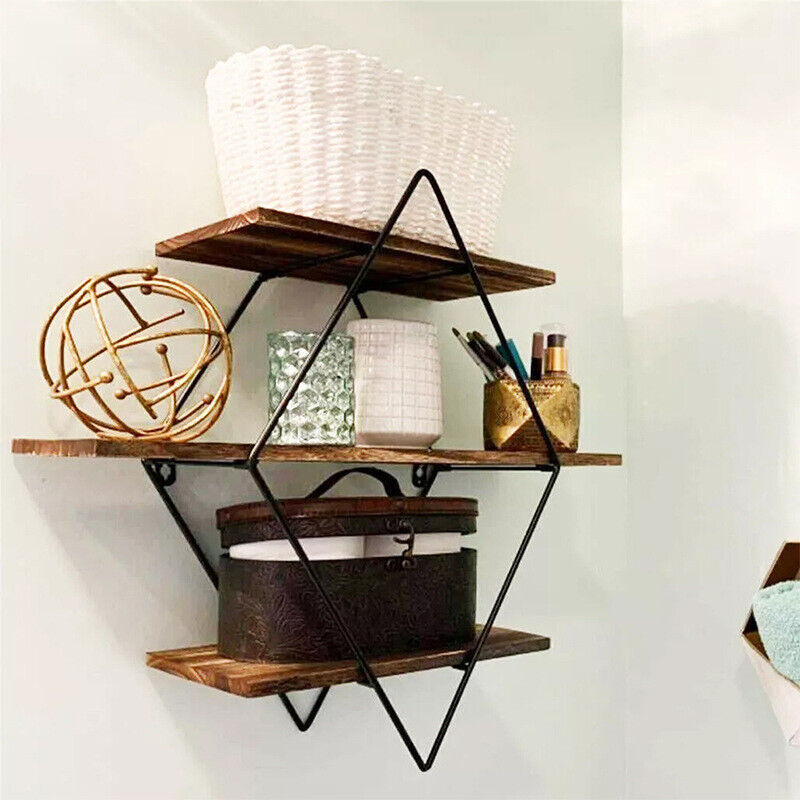3 Tiered Floating Wall Mounted Display Shelf Wooden Shelves Black Frame Shelving