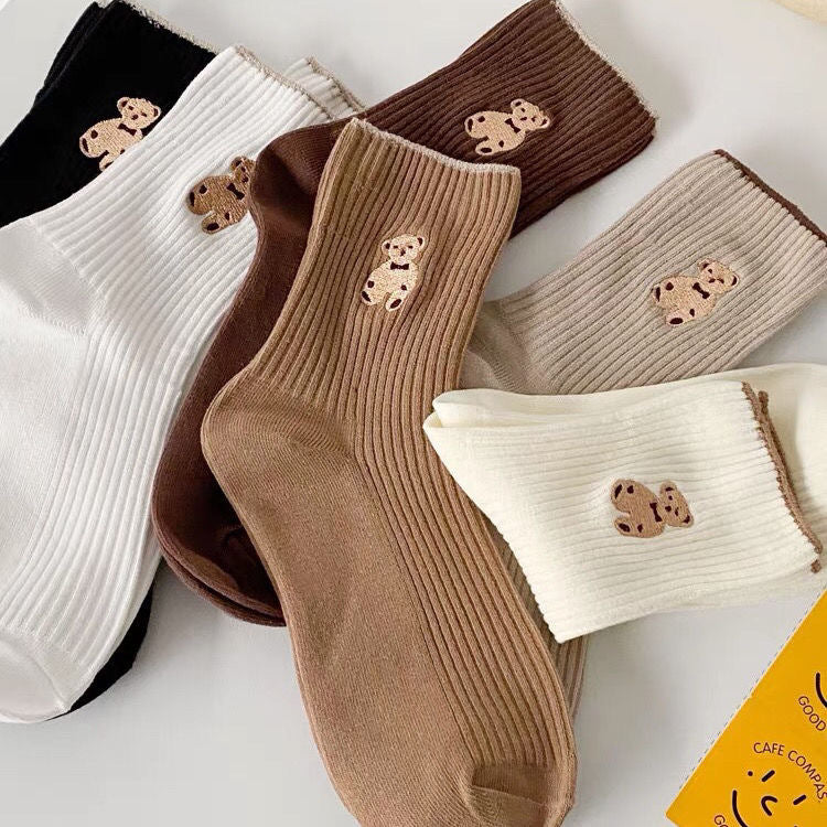 Women's Cute Bear Cotton Socks Comfortable Soft Crew Breathable Sports Sock Cartoon Short Sock Middle Tube Socks 6 pairs