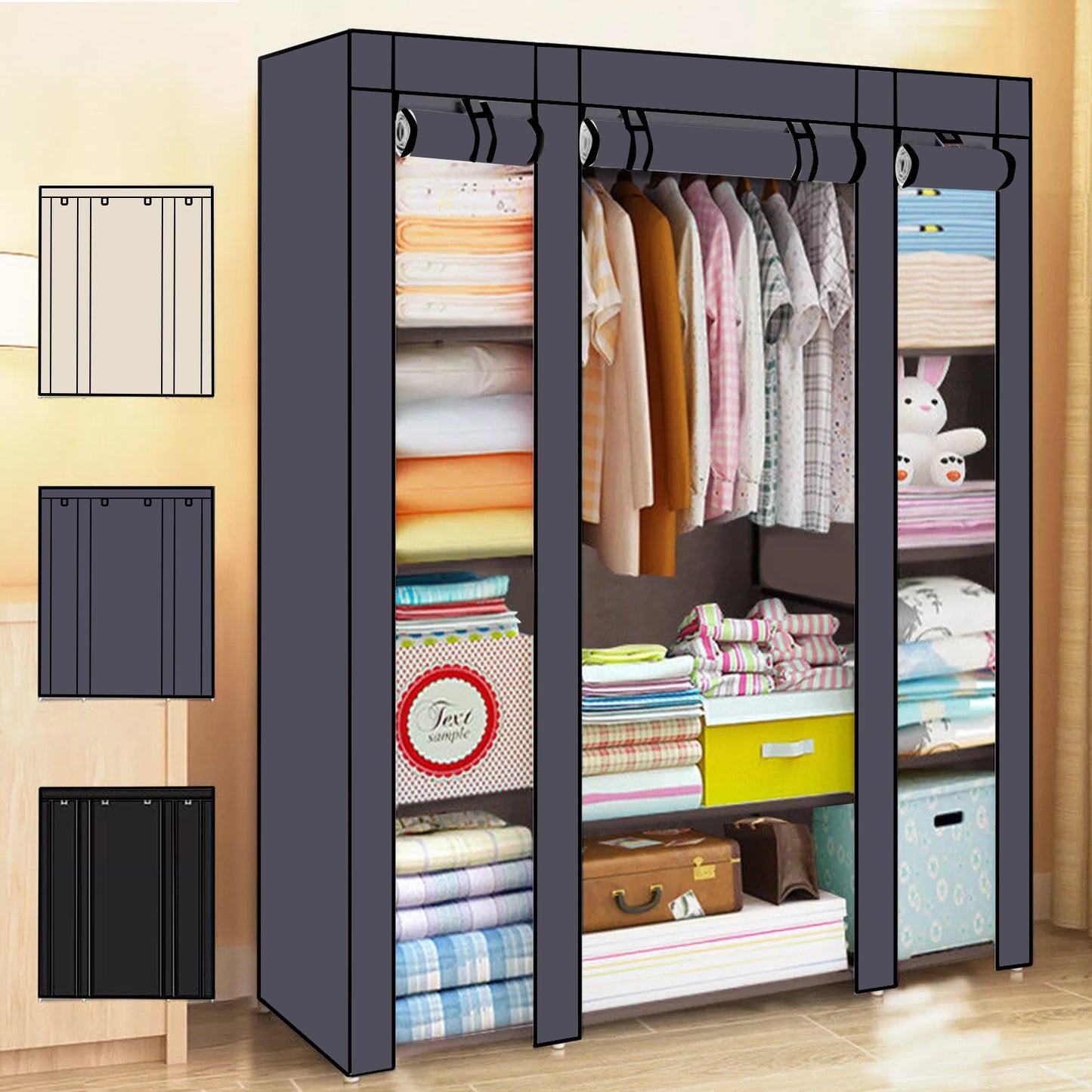 Fabric Canvas Wardrobe Clothes Storage Cupboard Hanging Rail Shelving Practical