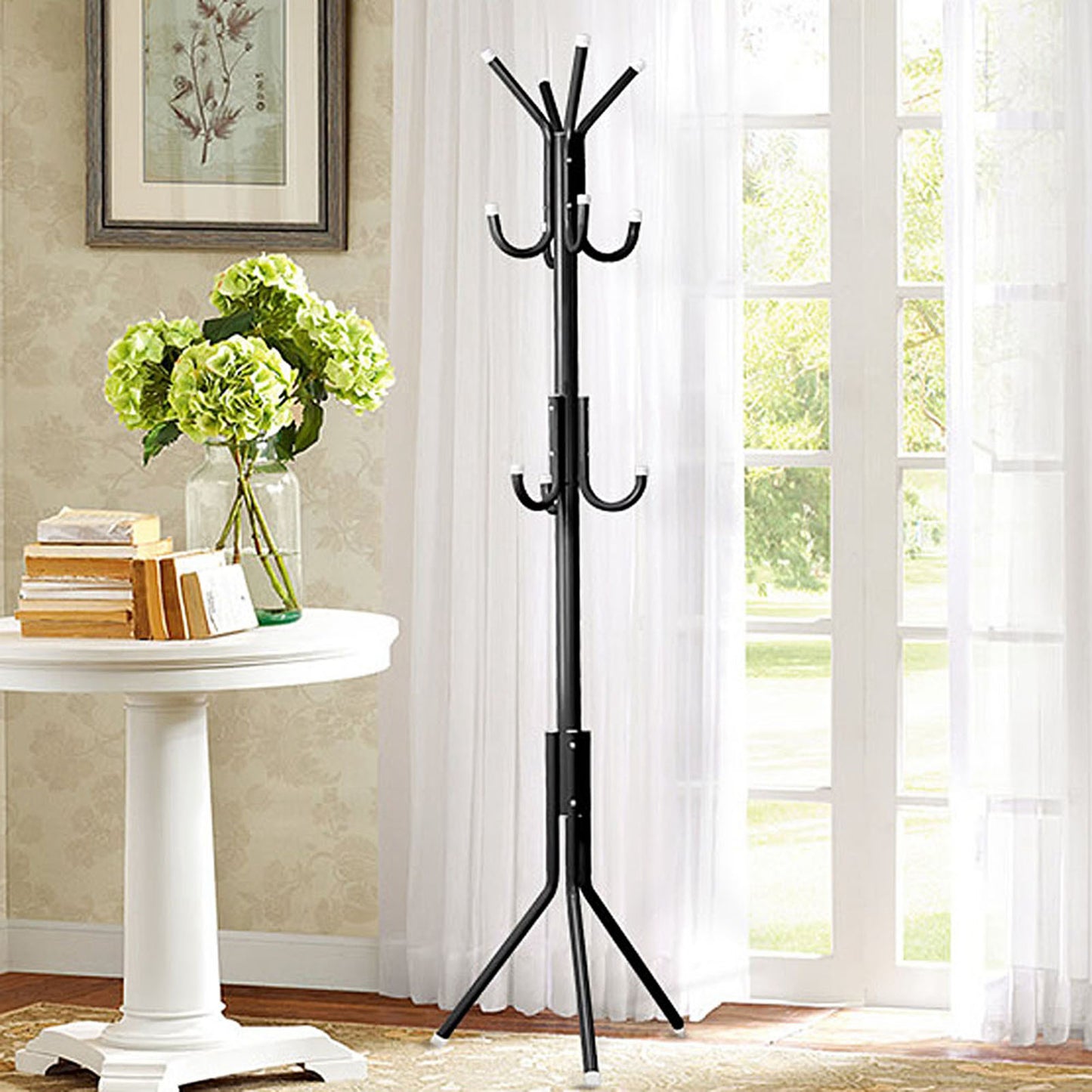 Multi Hook Metal Coat Hat Rack Tree Stand Clothes Bag Hanger Organizer for Home Bedroom (Black)