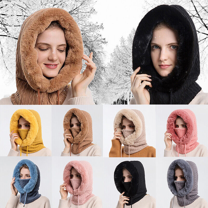 Slouchy Fleece Beanie Hats Scarf Mask Warmer Hooded Winter Pullover Knitted Hat