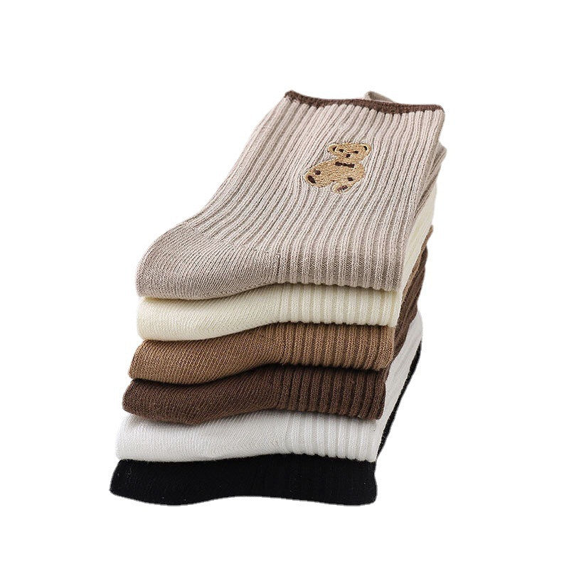 Women's Cute Bear Cotton Socks Comfortable Soft Crew Breathable Sports Sock Cartoon Short Sock Middle Tube Socks 6 pairs