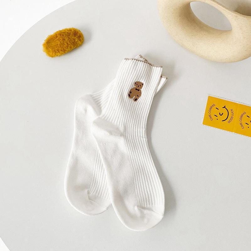 Women's Cute Bear Cotton Socks Comfortable Soft Crew Breathable Sports Sock Cartoon Short Sock Middle Tube Socks 6 pairs