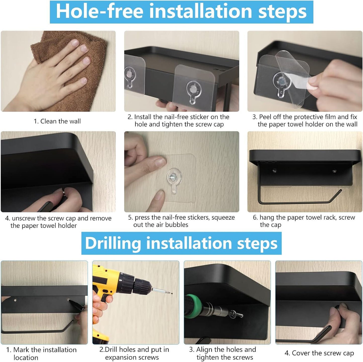 Black 2 In 1 Toilet Roll Holder With Shelf Wall Mounted Or Self Adhesive