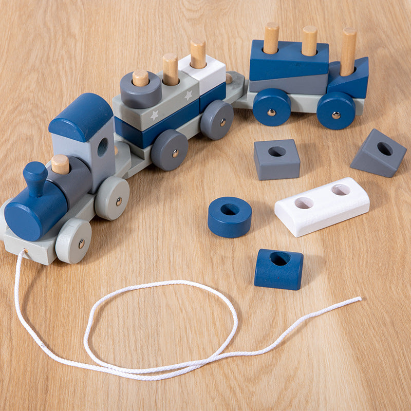 Children's wooden detachable building blocks small train dragging rope column assembly rail car puzzle Christmas toy gift