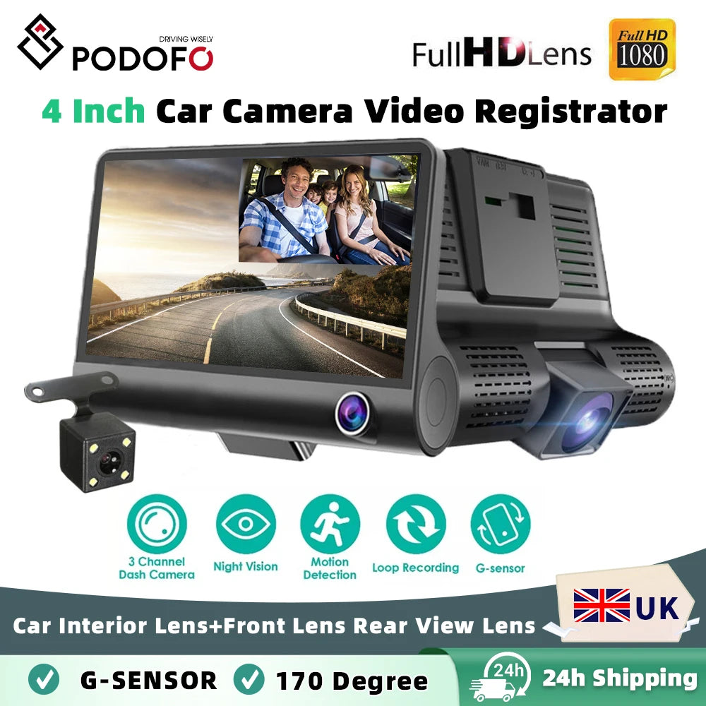 Podofo 3 Channel Car DVR 3-Lens Inside Vehicle Dash CamThree Way Camera DVRs Recorder Video Registrator Dashcam Camcorder