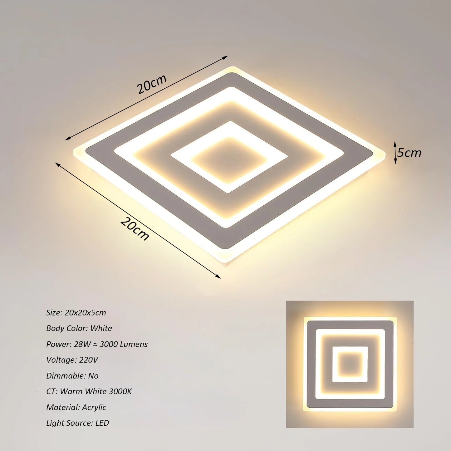 Modern Square LED Ceiling Light,28W Acrylic Ceiling Lamp,White Ceiling Chandelier for Bedroom,Living Room Warm Light 3000K