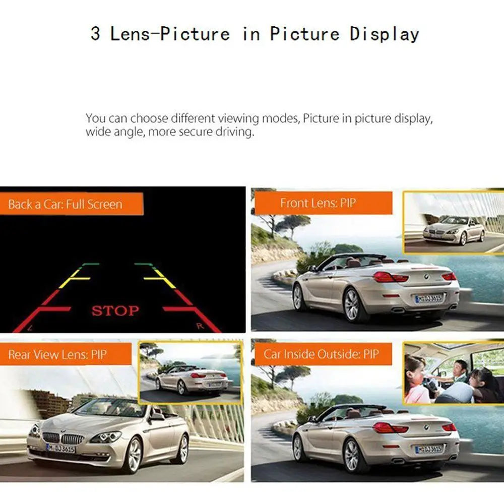 Podofo 3 Channel Car DVR 3-Lens Inside Vehicle Dash CamThree Way Camera DVRs Recorder Video Registrator Dashcam Camcorder