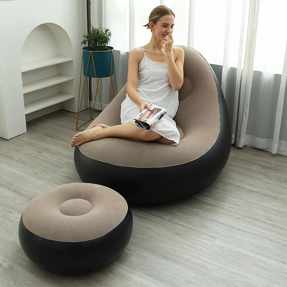 Inflatable Lounge Sofa Chair Foldable Indoor Outdoor Couch Portable Lazy Sofa Bed With Footstool For Living Room Bedroom Garden