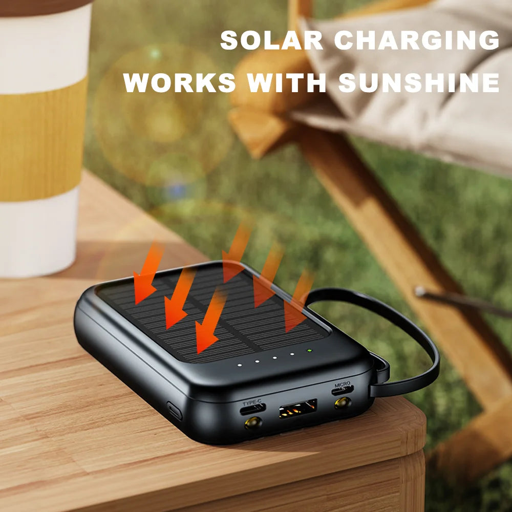 20000mAh Mini Solar Power Bank Built in 4 Cables Portable External Battery Pack with LED Light for Cell Phones