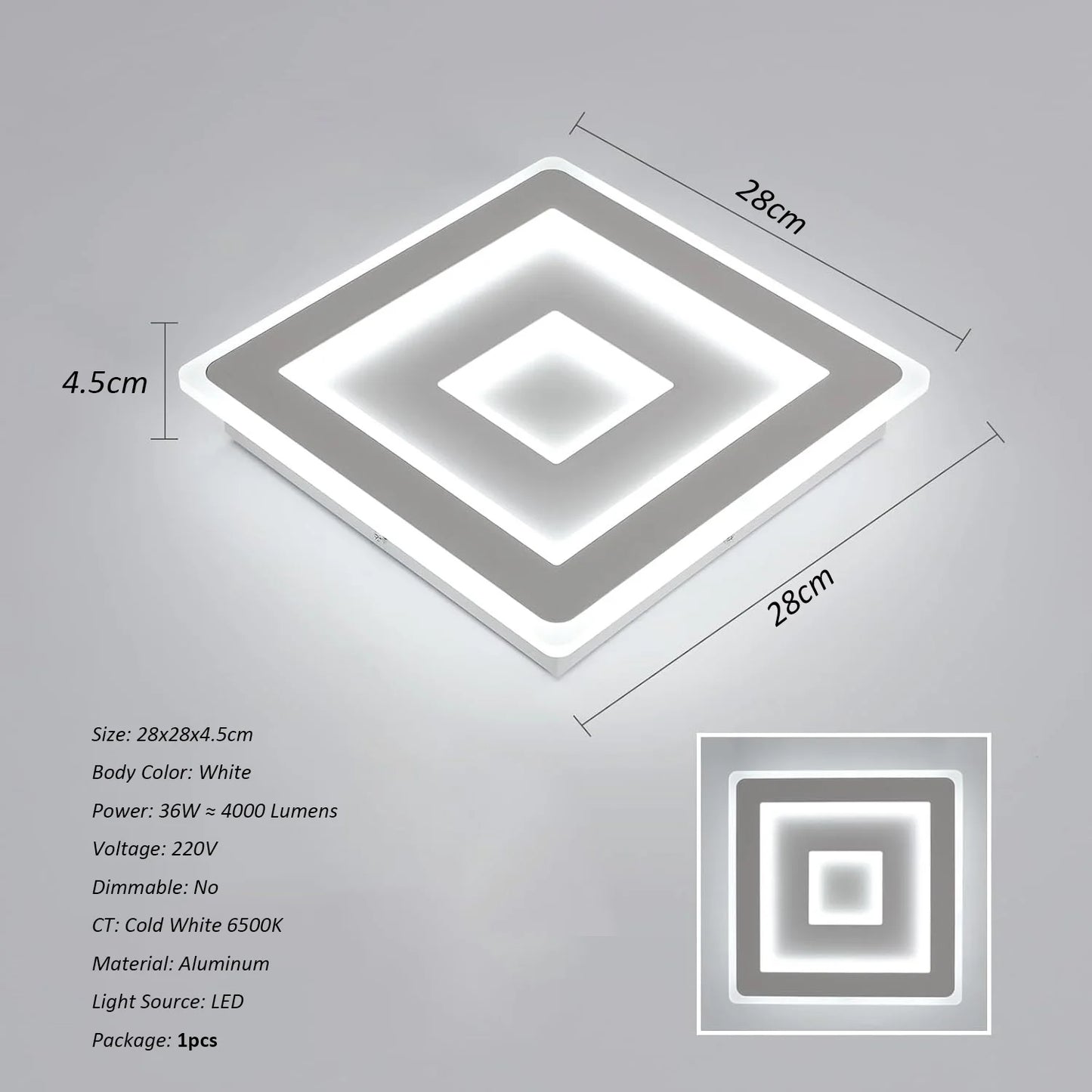 Modern Square LED Ceiling Light,28W Acrylic Ceiling Lamp,White Ceiling Chandelier for Bedroom,Living Room Warm Light 3000K
