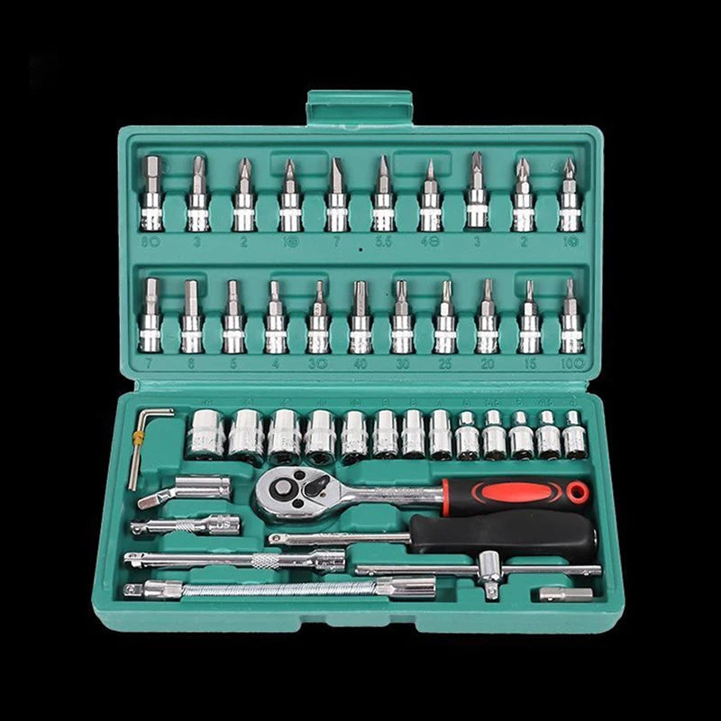 46 Pcs 1/4” Drive Socket Ratchet Wrench Set with Storage Case, Includes Metric Bit Socket Set and Extension Bar for Auto Repair