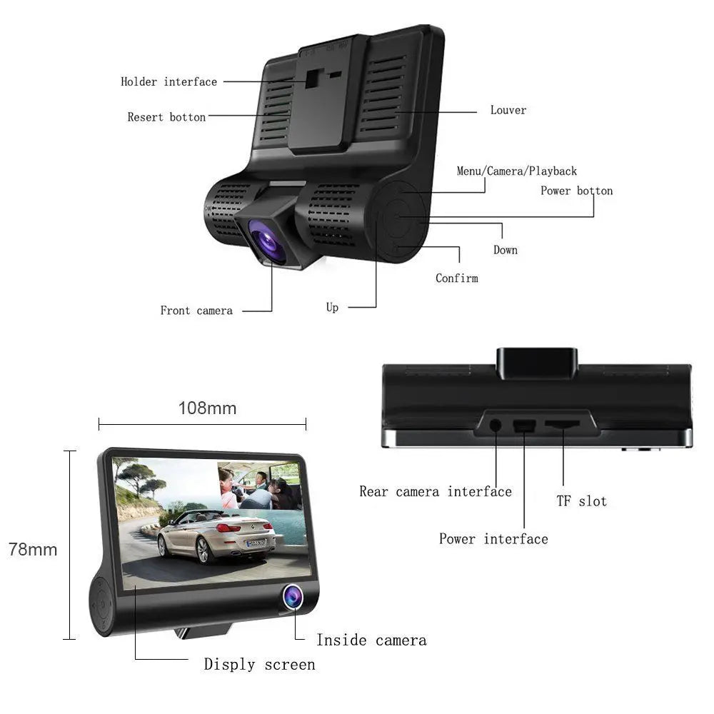 Podofo 3 Channel Car DVR 3-Lens Inside Vehicle Dash CamThree Way Camera DVRs Recorder Video Registrator Dashcam Camcorder