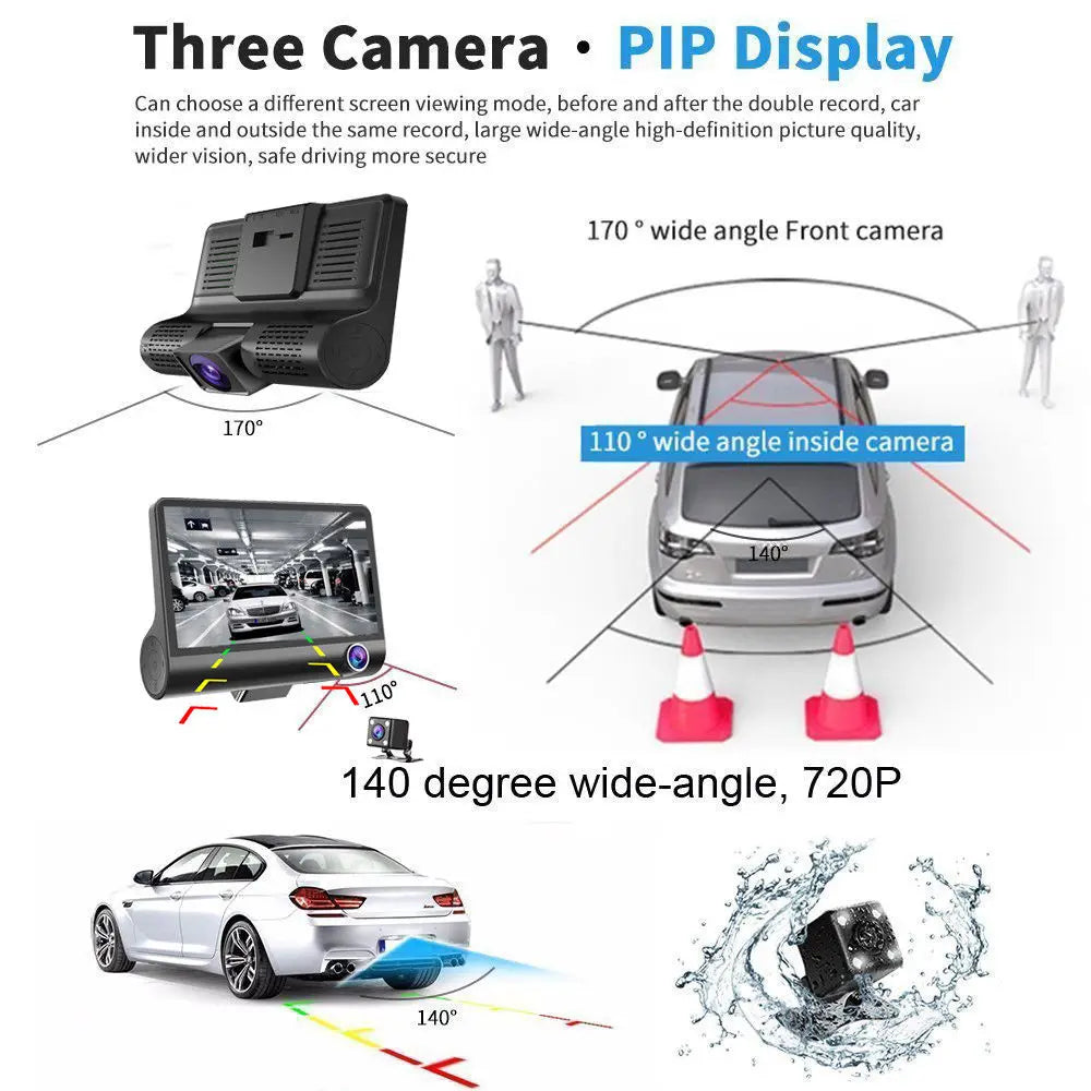 Podofo 3 Channel Car DVR 3-Lens Inside Vehicle Dash CamThree Way Camera DVRs Recorder Video Registrator Dashcam Camcorder