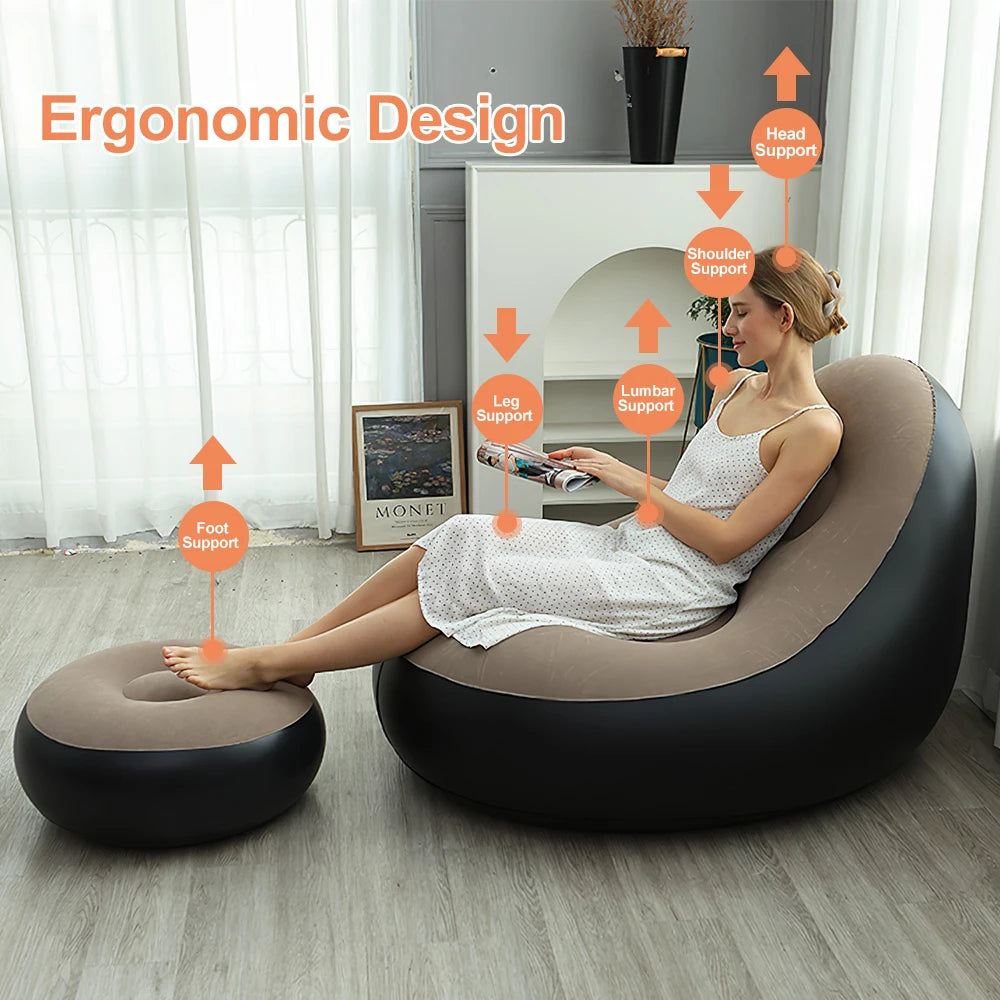 Inflatable Lounge Sofa Chair Foldable Indoor Outdoor Couch Portable Lazy Sofa Bed With Footstool For Living Room Bedroom Garden