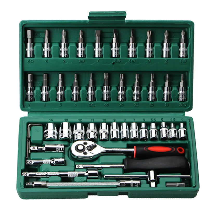 46 Pcs 1/4” Drive Socket Ratchet Wrench Set with Storage Case, Includes Metric Bit Socket Set and Extension Bar for Auto Repair