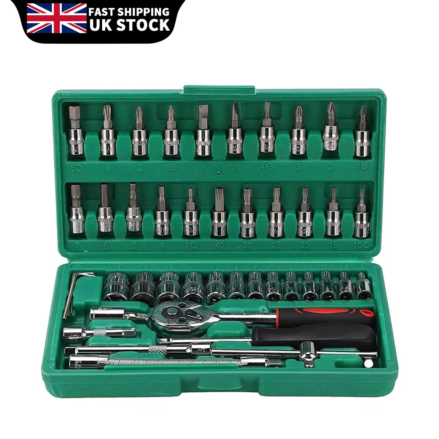 46 Pcs 1/4” Drive Socket Ratchet Wrench Set with Storage Case, Includes Metric Bit Socket Set and Extension Bar for Auto Repair