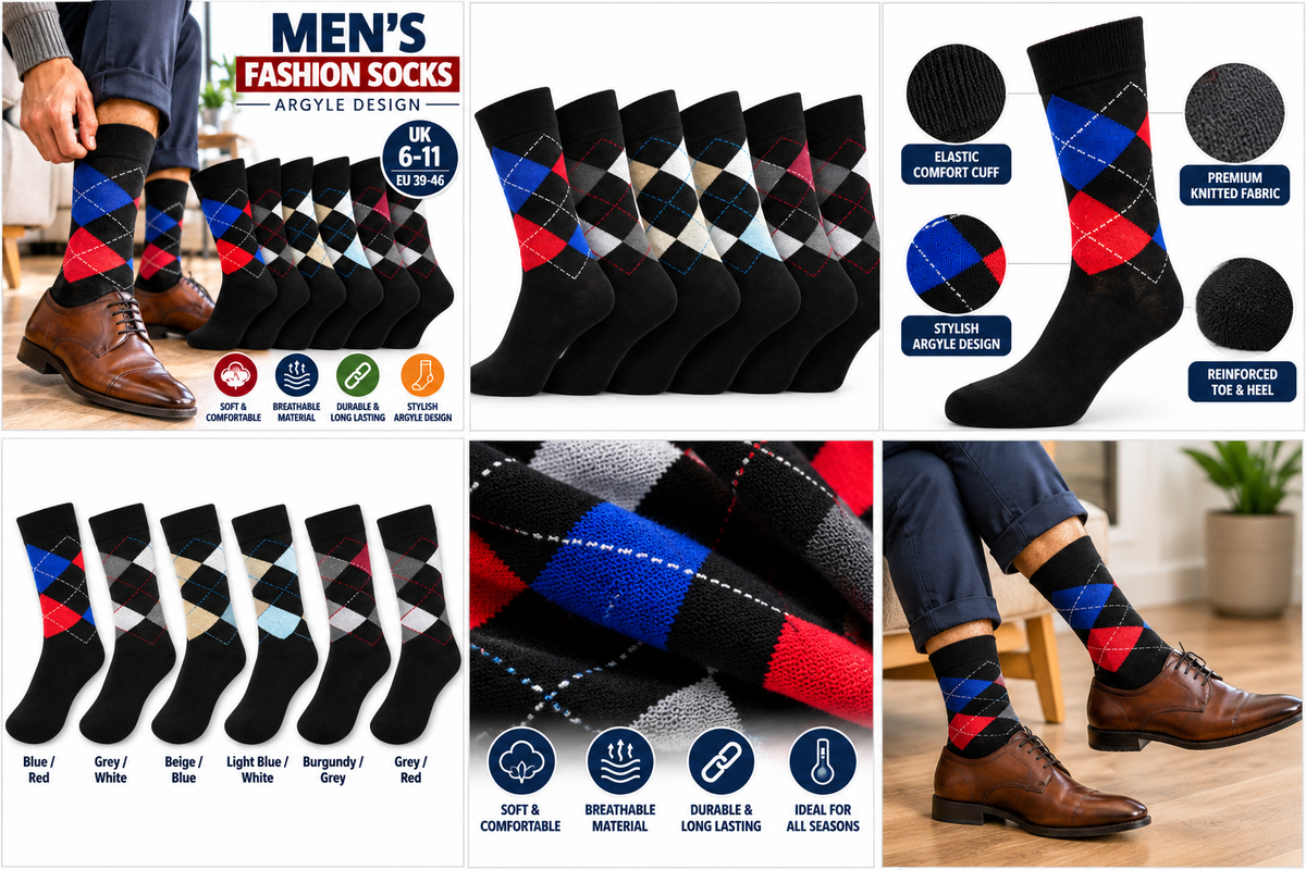 Men’s Argyle Fashion Socks UK 6–11 – Smart Casual Diamond Pattern Dress Socks | Soft Everyday Office & Formal Socks – Assorted Colour – 1 Pair