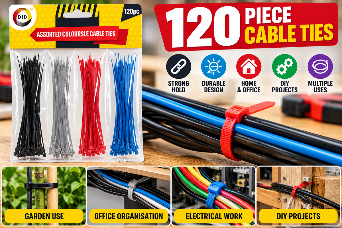 120PC Assorted Colour Cable Ties – 100mm Nylon Zip Ties in Black, Grey, Red & Blue | Strong Cable Management Ties for Home, Office, Garden & DIY