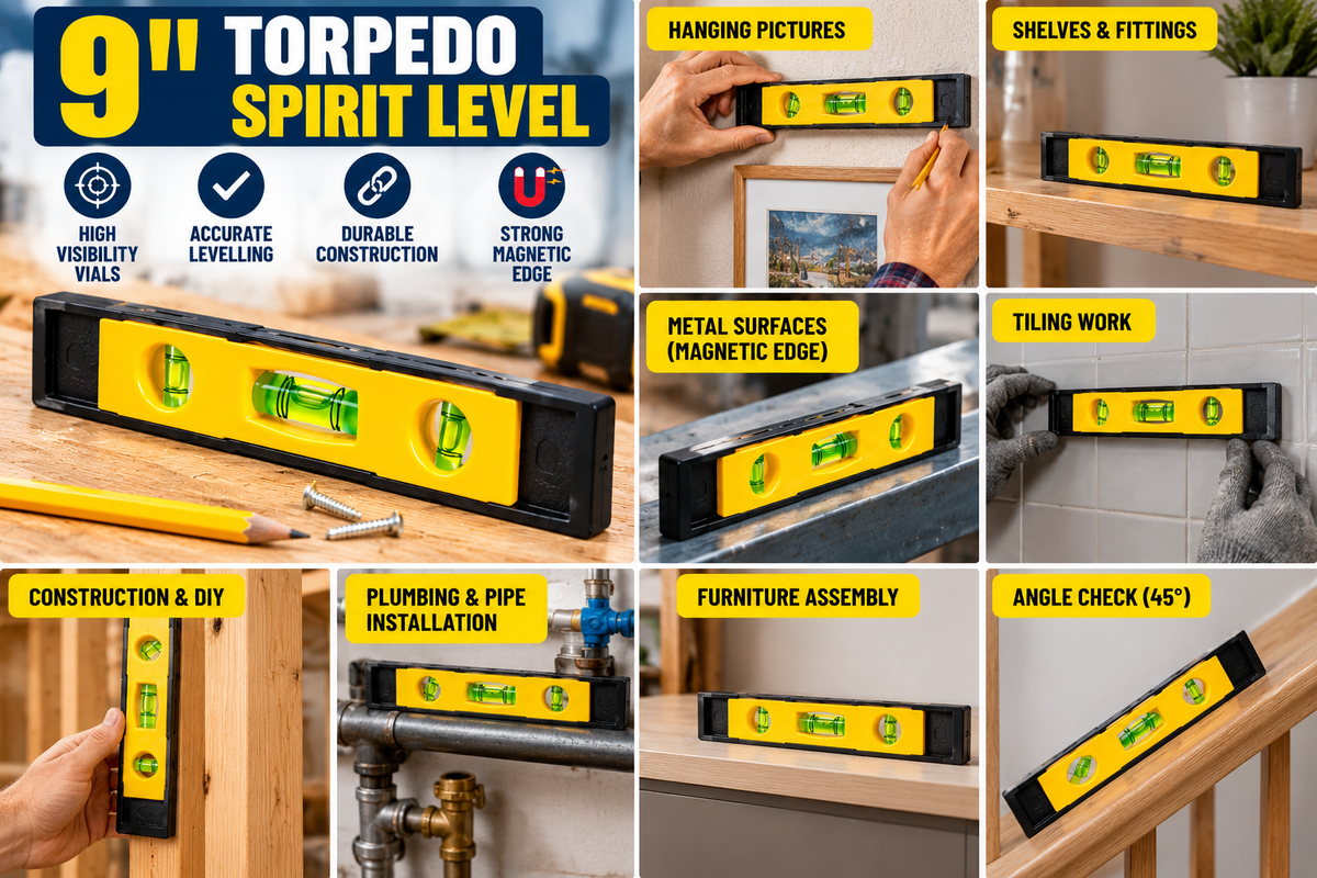 9 Inch Magnetic Torpedo Spirit Level – 230mm 3 Vial Mini Level with Horizontal, Vertical & 45° Angle Vials for DIY, Shelves, Construction, Plumbing & Home Improvement