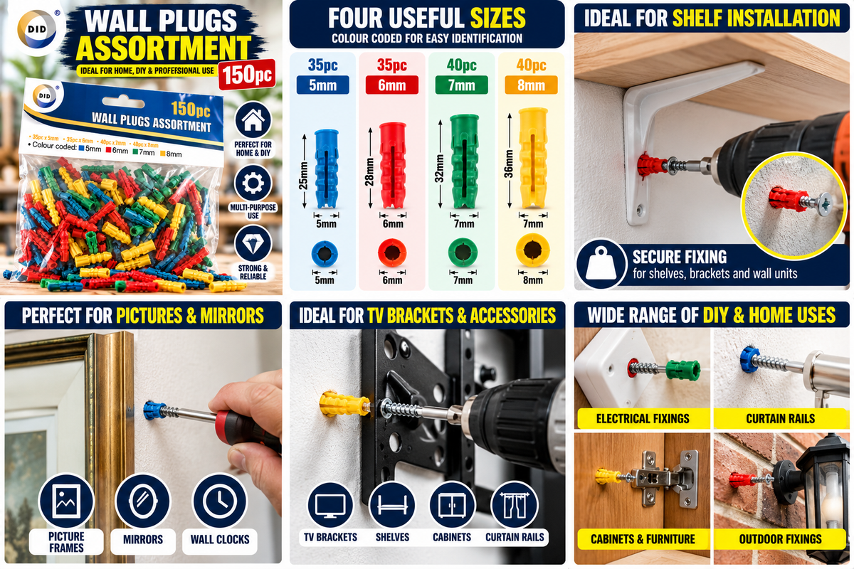 150PC Wall Plugs Assortment – 5mm, 6mm, 7mm & 8mm Colour Coded Plastic Wall Anchors for Screws, Shelves, Pictures, Curtain Rails & DIY Fixings