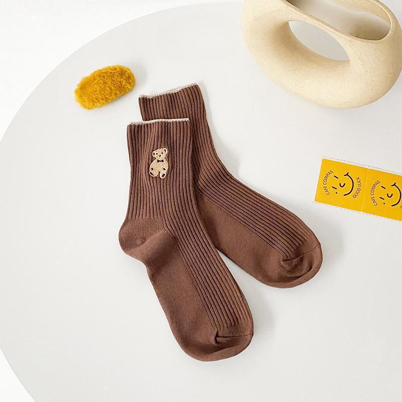 Women's Cute Bear Cotton Socks Comfortable Soft Crew Breathable Sports Sock Cartoon Short Sock Middle Tube Socks 6 pairs