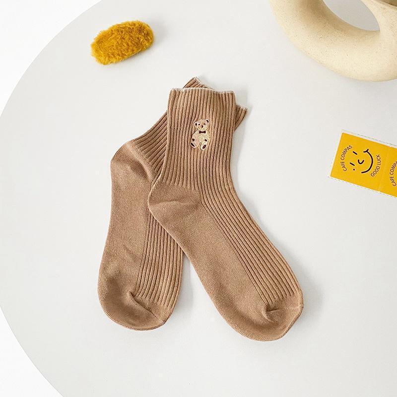 Women's Cute Bear Cotton Socks Comfortable Soft Crew Breathable Sports Sock Cartoon Short Sock Middle Tube Socks 6 pairs