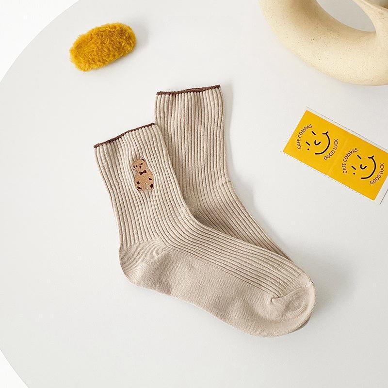 Women's Cute Bear Cotton Socks Comfortable Soft Crew Breathable Sports Sock Cartoon Short Sock Middle Tube Socks 6 pairs