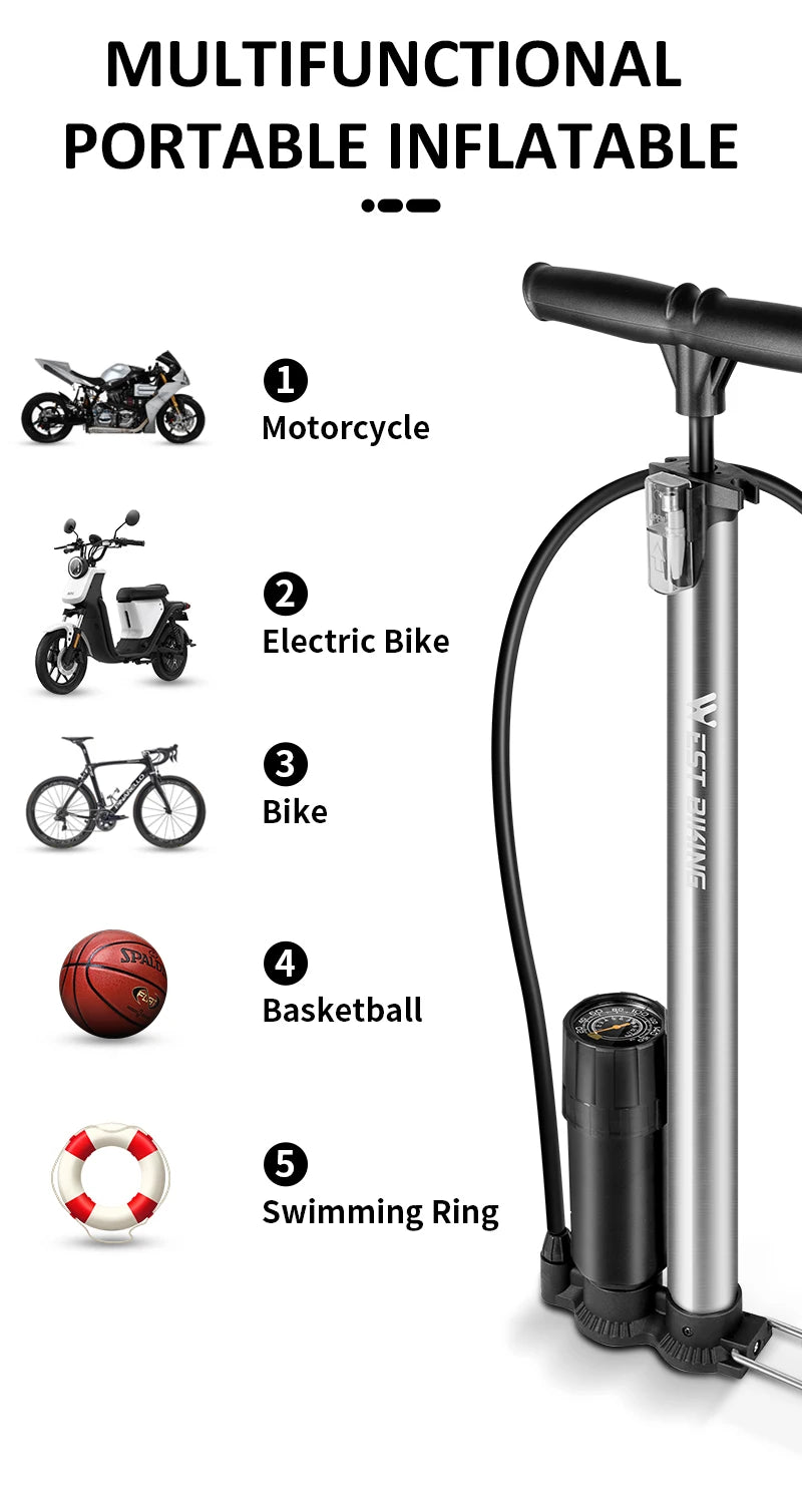 WEST BIKING Bike 120/160PSI Floor Pump High Pressure Cycling Pump Air Inflator Schrader Presta Valve Road MTB Bicycle Tire Pump