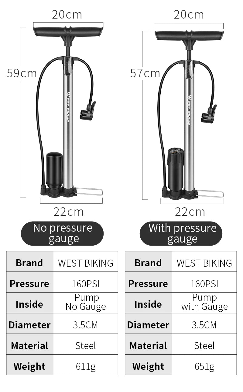 WEST BIKING Bike 120/160PSI Floor Pump High Pressure Cycling Pump Air Inflator Schrader Presta Valve Road MTB Bicycle Tire Pump