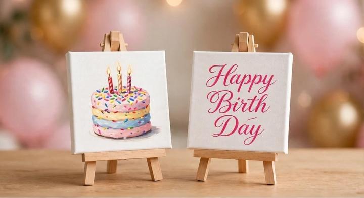 Happy Birthday Mini Canvas Set with Wooden Easels – Birthday Gift & Celebration Décor