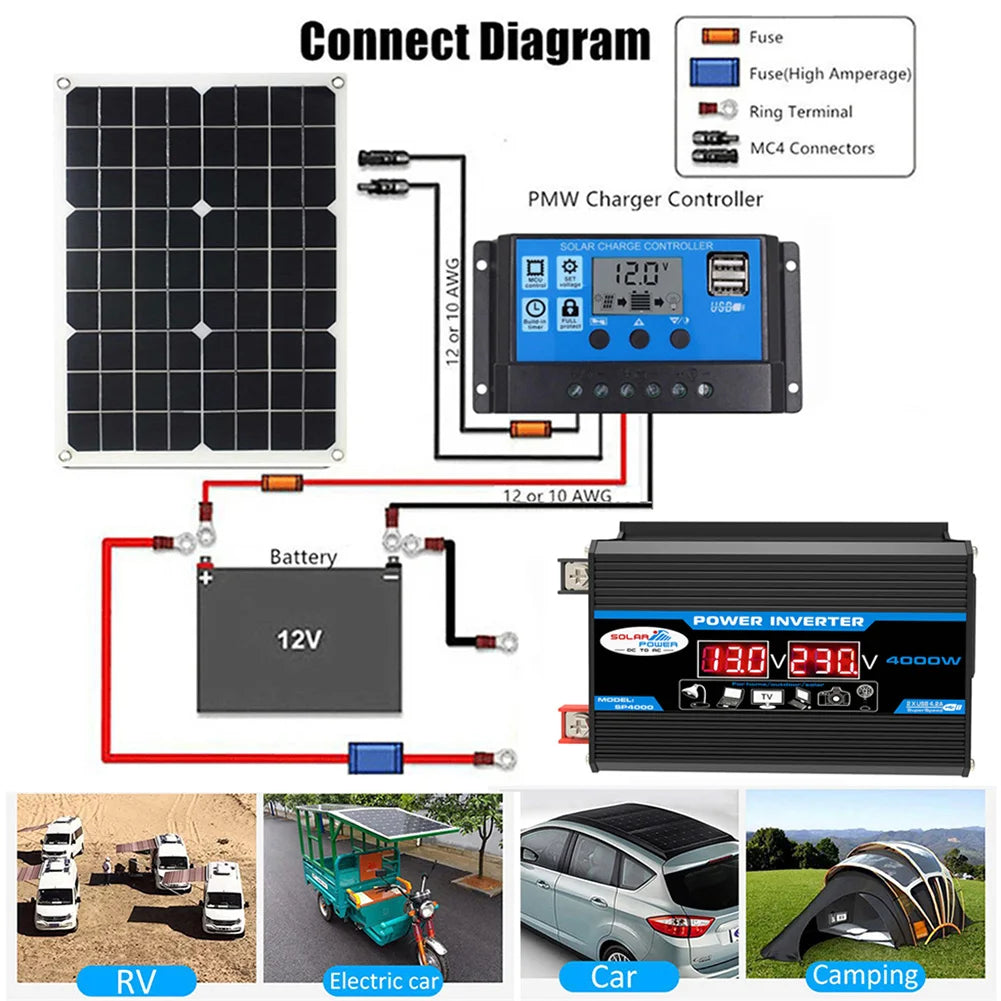 4000W Car Power Inverter DC 12V to AC 220V/110V Dual LCD Digital Display Voltage Transformer Car Charger Converter Adapter