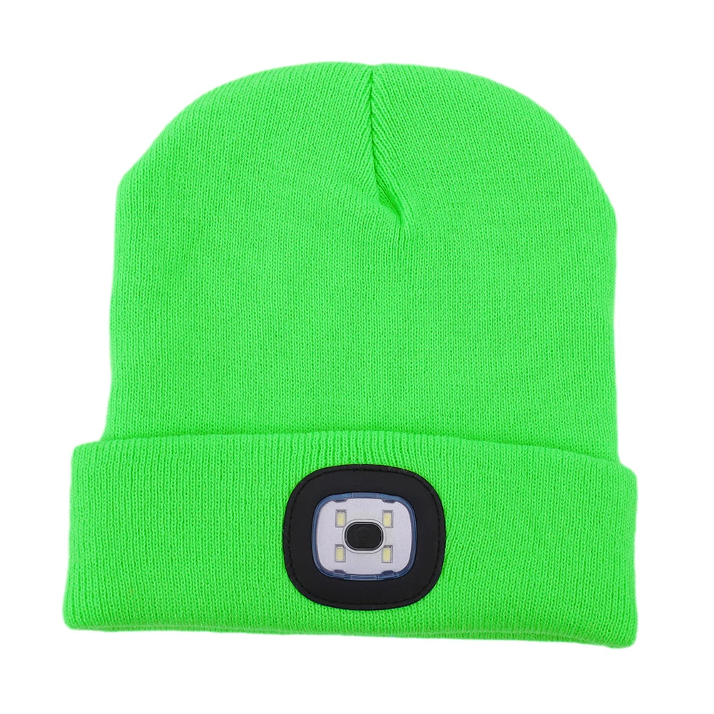 Winter Warm Knit Beanie 8 Hours High Powered Light 4 LED Beanie Hat USB Rechargeable Hands Free Headlamp Cap for Running Hiking