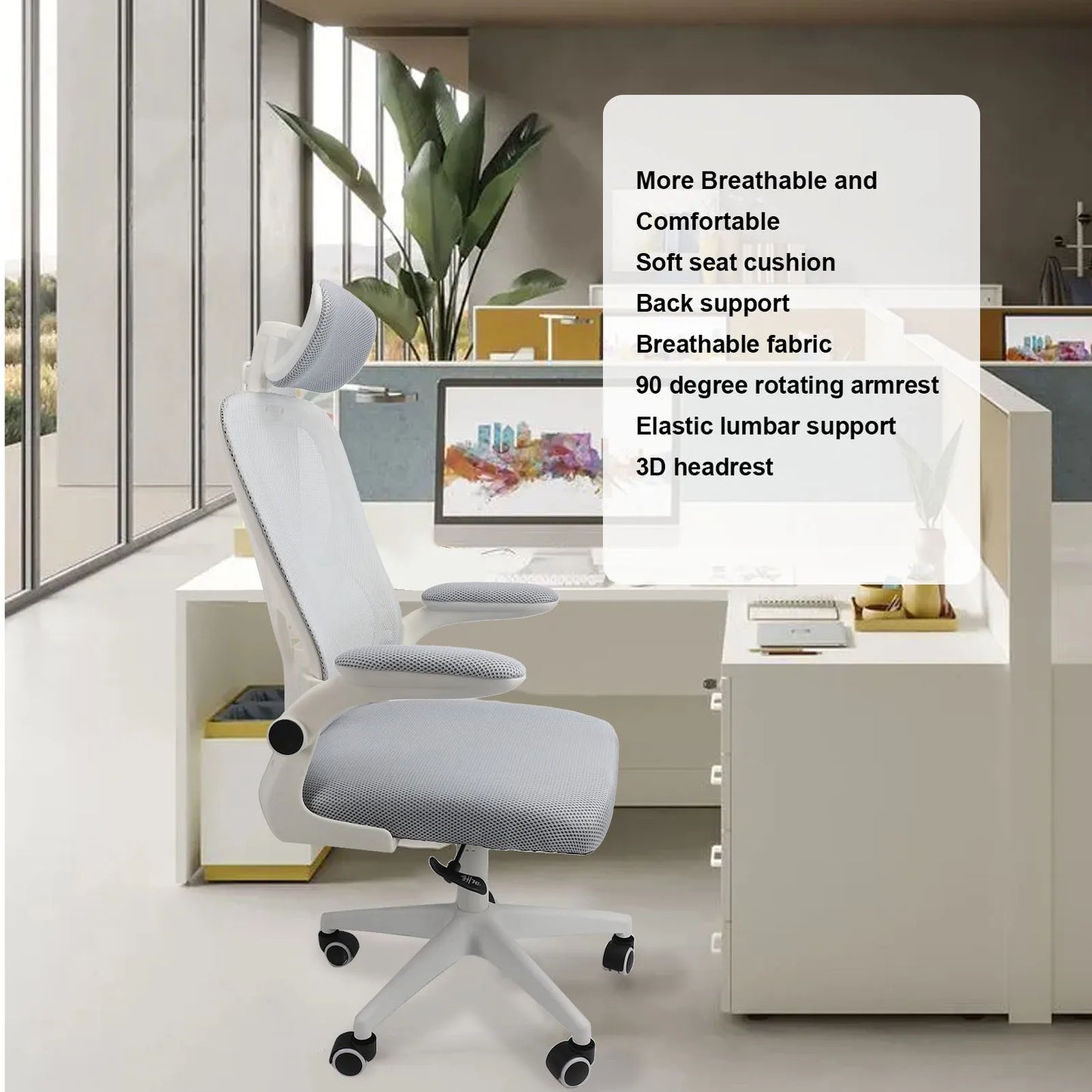 Computer Chair 90 Degree Rotating Armrests Elastic Lumbar Support Comfortable Chair 3D Headrest with 5 Wheels for Home