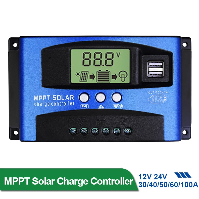 MPPT Solar Charge Controller 30A 40A 50A 60A 100A Dual USB LCD Display 12V 24V Solar Cell Panel Charger Regulator with Load