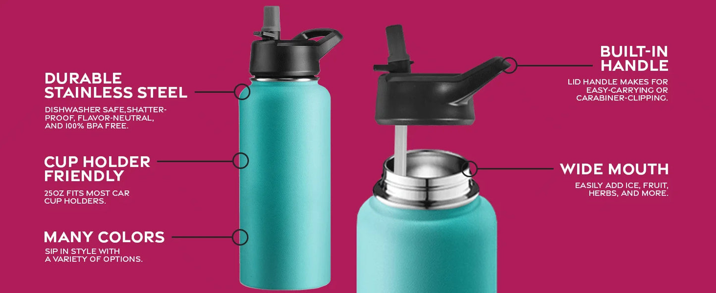 FineDine Triple Walled, Insulated Water Bottles with Straw - 32 Oz Stainless Steel Metal Bottle W/ 3 Leak Proof