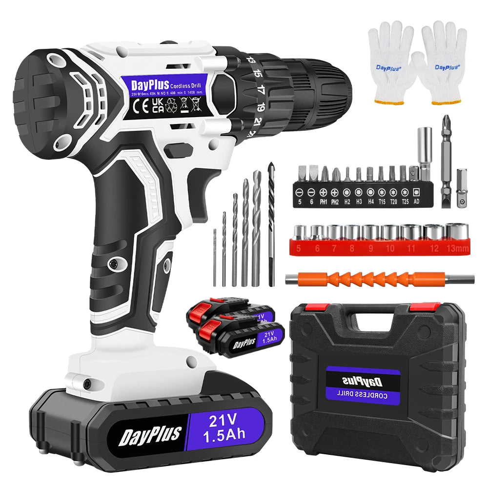 Cordless Drill Set, 21V Drill with 1.5Ah Battery, Cordless Screwdriver with Battery and Charger, Home DIY Tool Kit